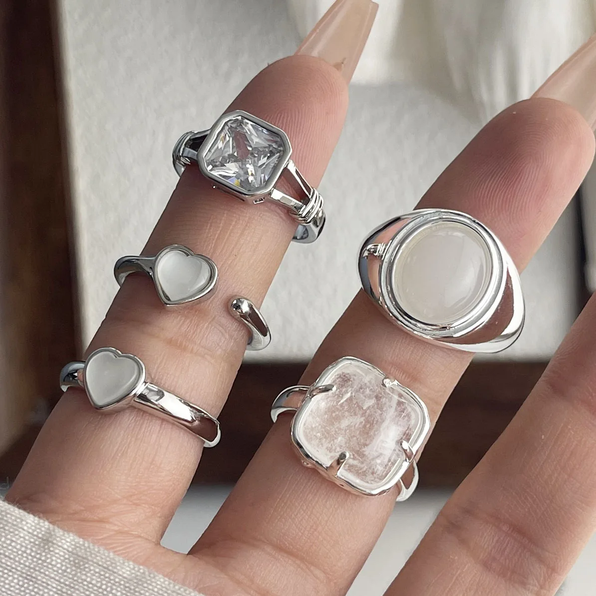 925 Sterling Silver Rings for Women Couple Minimalist Handmade Oval White Stone Ring Fine Jewelry Gift Prevent Allergy