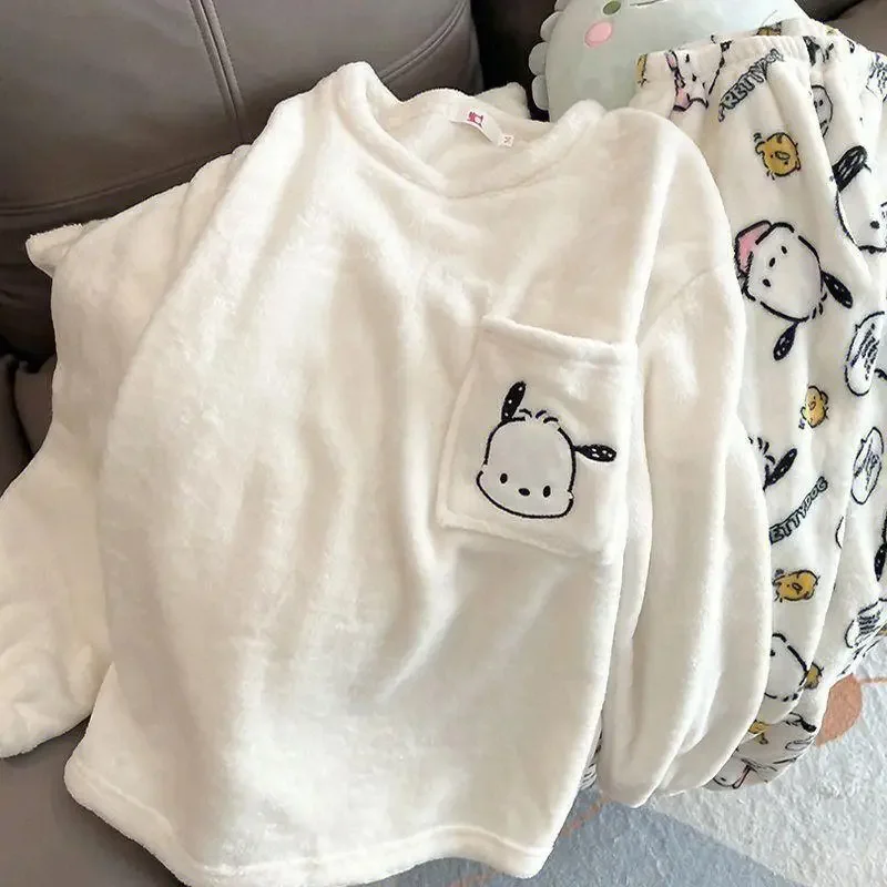 Popular Women's Pochacco Pajamas Set Cartoon Cute Flannel Home Clothes Winter Thickened Warm Pajamas Coral Velvet Pajamas Gift