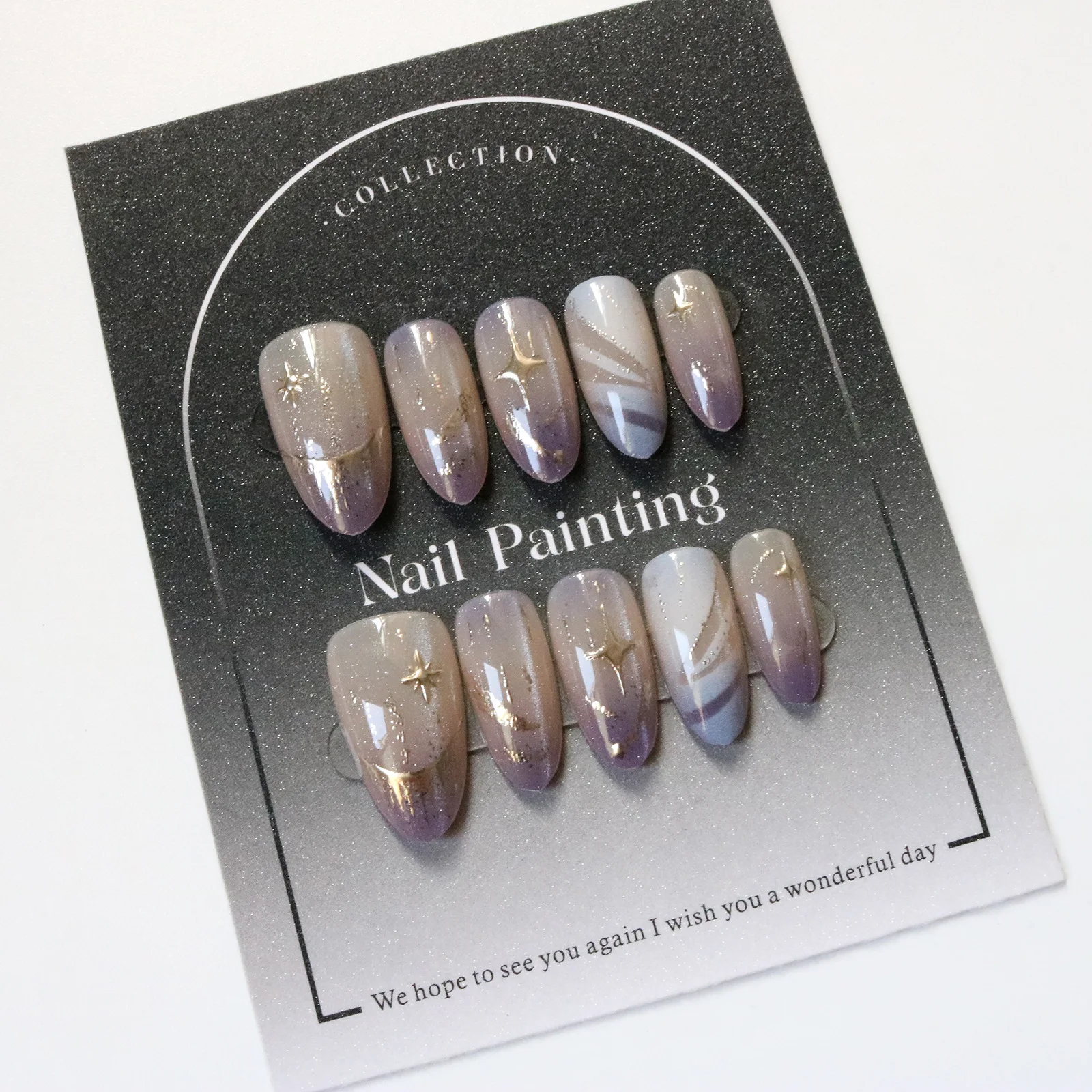 10 Pezzi Unghie Finte Effetto Occhio di Gatto Viola con Stelle Argentate, Unghie Finte Riutilizzabili a Mandorla Ovale, Unghie Francesi da Donna