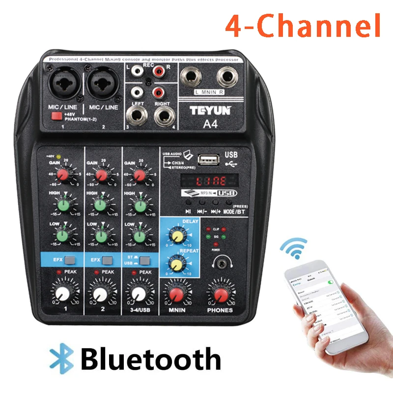 TEYUN A4 Audio Mixer 4-Channel Sound Mixing Console A8 Support Bluetooth USB 48V Power for Karaoke Party Recording Webcasting