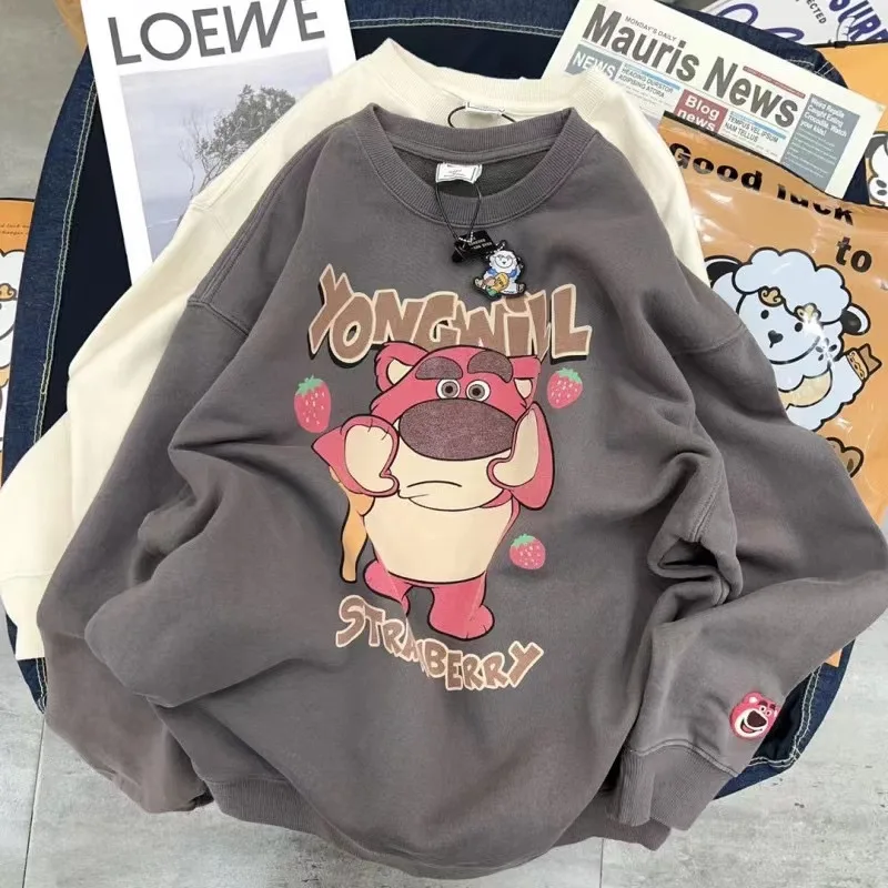 Popular Lots-O\'-Huggin\' Bear Cartoon Round Neck Sweatshirt Spring Kawaii Girl Strawberry Bear Loose Velvet Top Quality Gift