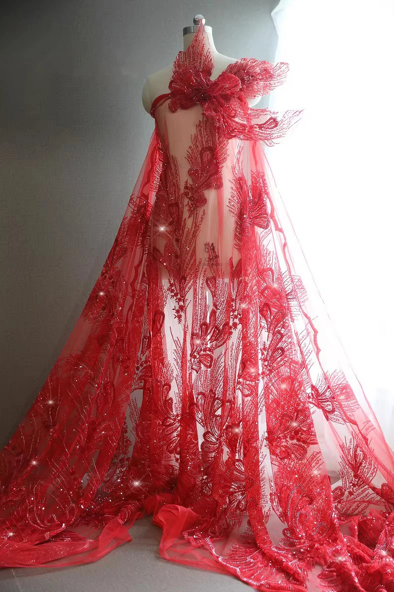 

1yard new soft mesh fabric 3D flower butterfly wing nail bead embroidery telas Wedding Dress cheongsam fabrics for clothing