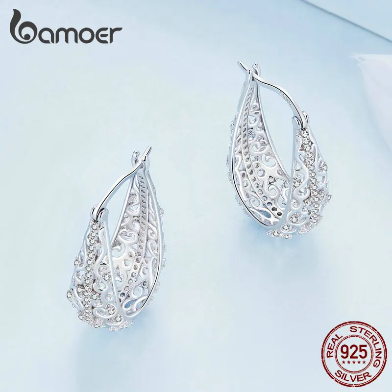 Bamoer 925 Sterling Silver Decorative Vine Hollow Pattern Hoop Earrings Waterdrop Shape Ear Buckles for Women Luxury Jewelry