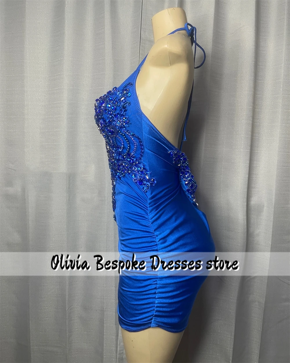 King Blue Halter Mini Cocktail Prom Dresses Luxury 2025 Beaded Rhinestones Homecoming Dress Black Girls Birthday Customized