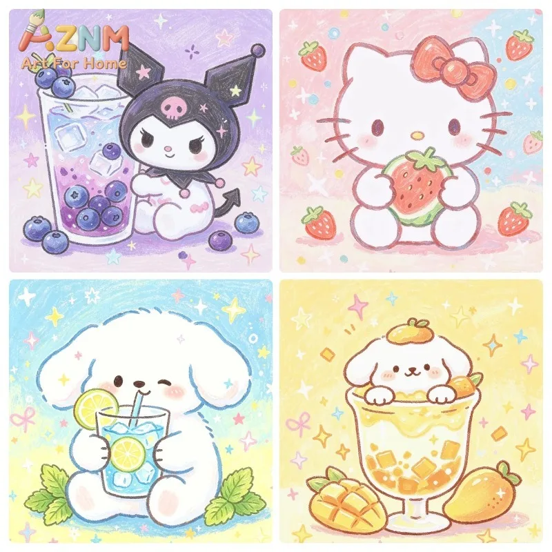 Cute Sanrio Characters Wall Poster,Fruit Beverage Fresh Cartoon Canvas Print,Unframed Wall Art for Girls Bedroom Home Decoration