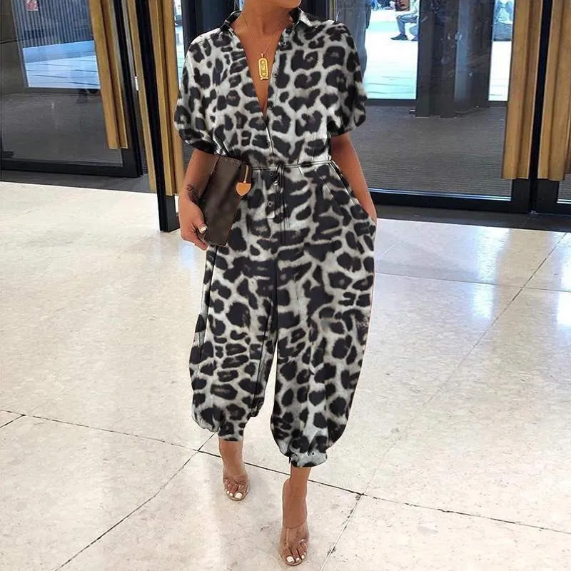 Sexy V Neck Short Sleeve Jumpsuit Office Lady Spring Summer Casual Leopard Print Jumpsuits For Women 2024 One Piece Rompers