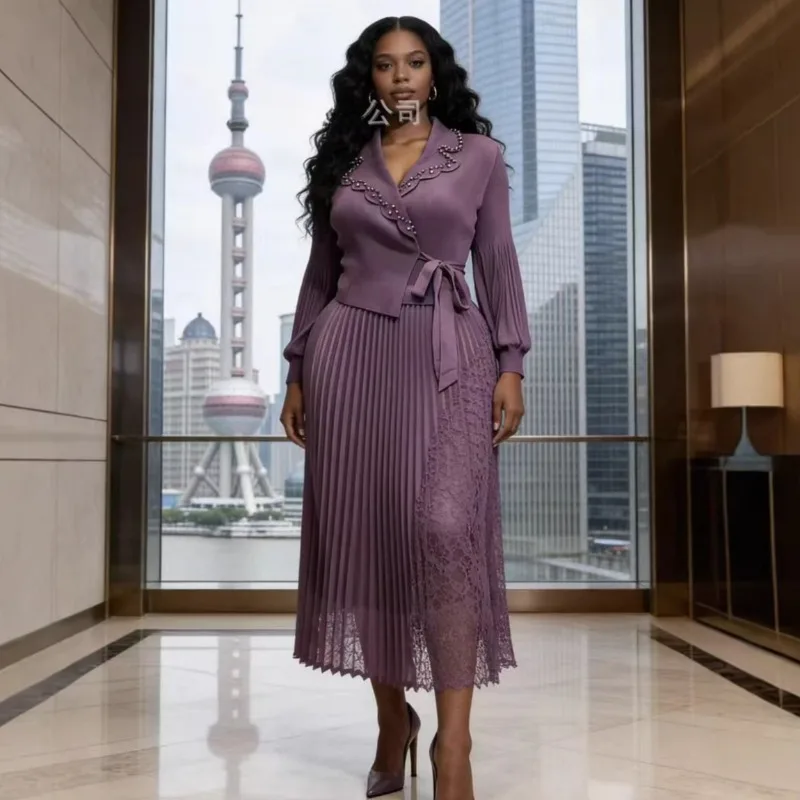 

Плиссированное платье Miyake больших размеров 2026: Новое европейско-африканское пэчворк-платье с бисером, элегантное кружевное длинное платье с воротником и длинными рукавами для женщин