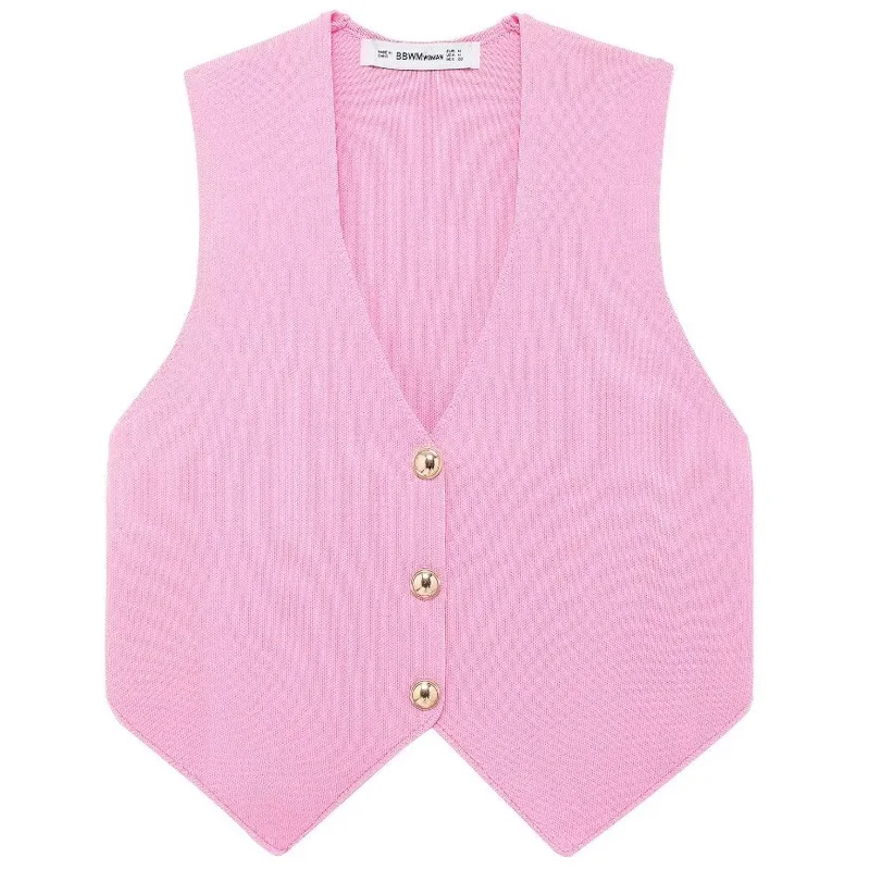 HXAO Vests For Women Women\'s Vest Short Sweaters Outerwears Sleeveless V-Neck Crop Knit Vests Cardigan Pink Sweater Autumn 2024