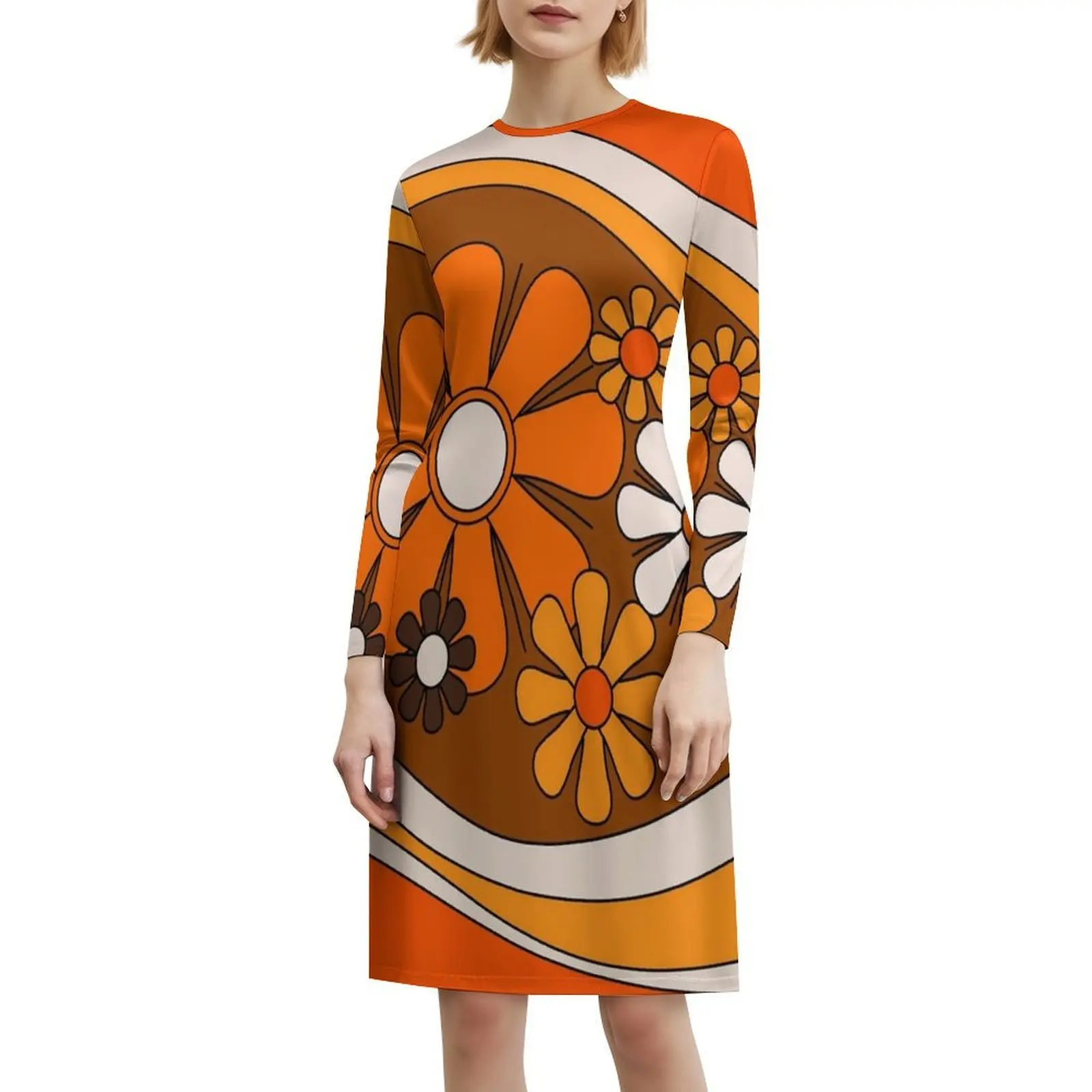 الأزهار Daydream نمط الرجعية في 70S البرتقالي والبني المرأة فستان الحفلات الأنيقة ألف خط فستان مع قصيرة/طويلة/أكمام #6