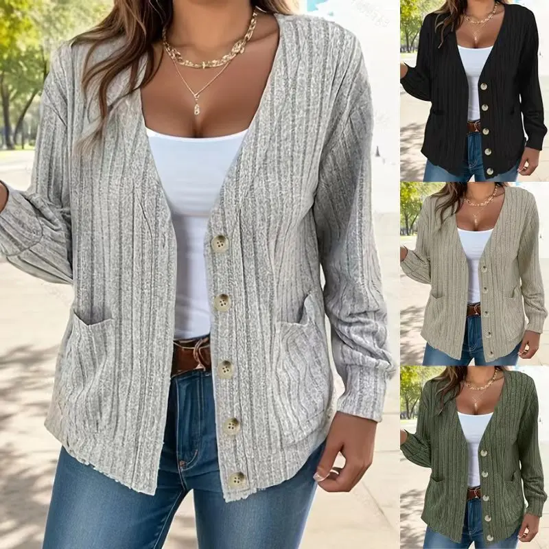 

Women's V-Neck Long-Sleeved Cardigan Solid Color Button Detail Loose Fit Fall/Winter European American Style Clothing