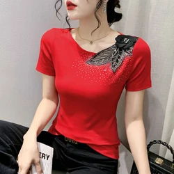 Summer New Short Sleeved T-Shirt Fashion Casual Beads And Flower Rhinestones Hollow Out High Stretch Mesh Tops