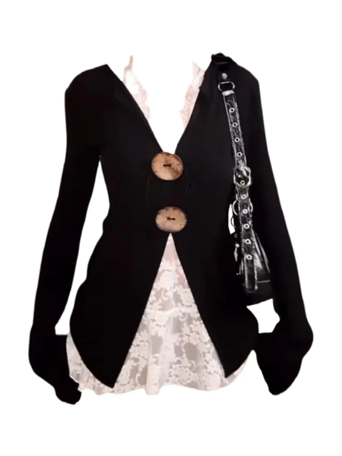 High End Button V-neck Long Sleeved Knitted Sweater for Women in Autumn, Hanging Neck, Lace Suspender, Layered and Worn