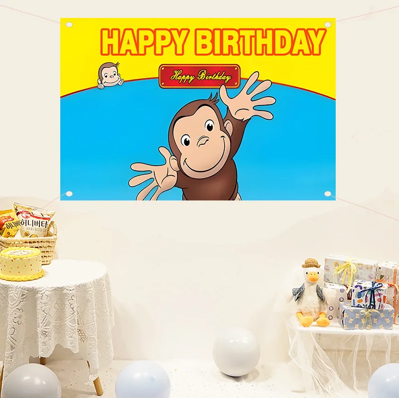 عيد ميلاد سعيد الكرتون جورج قرد خلفية الأطفال الأصفر موضوع التصوير الدعائم الحمام شنقا القماش التخصيص