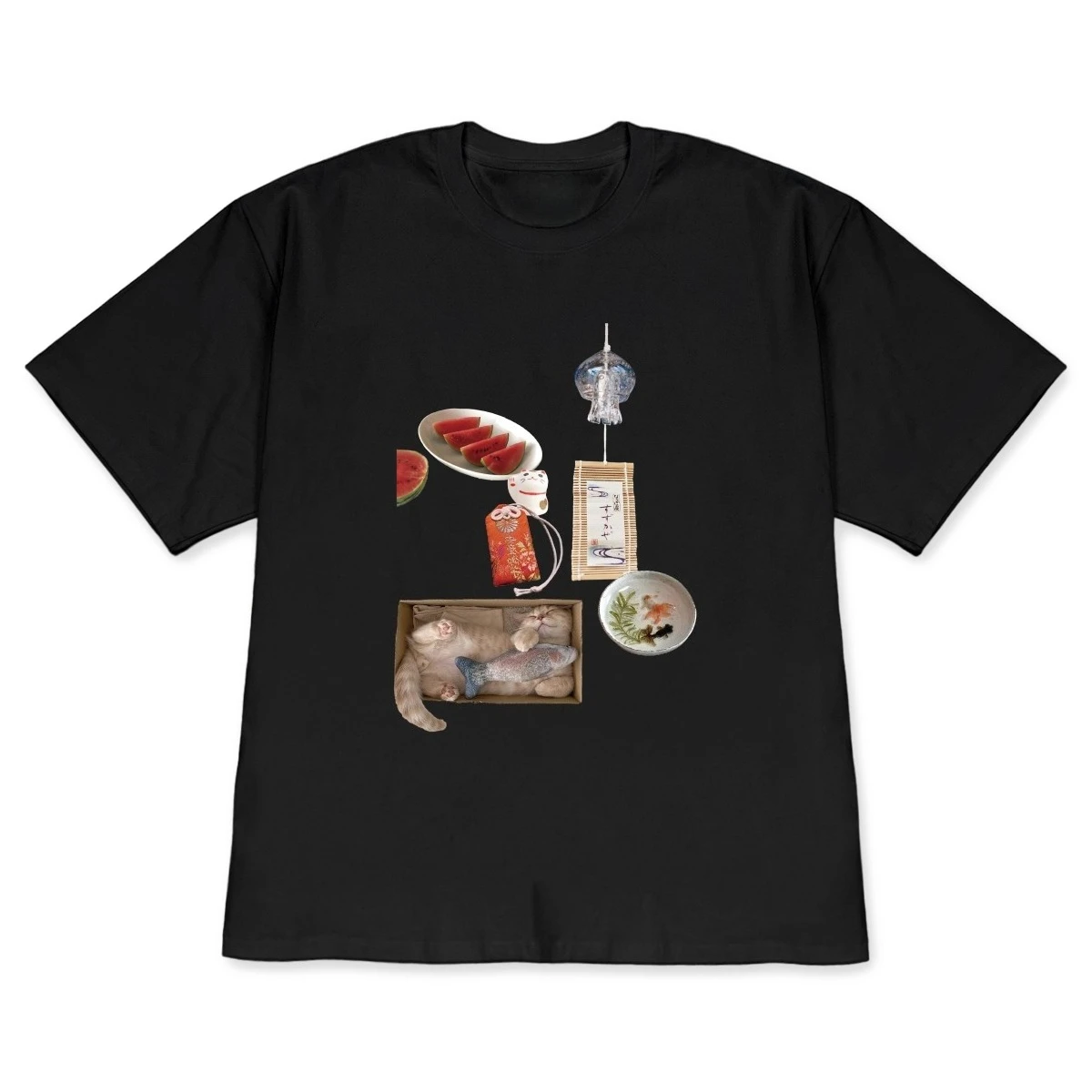Japanese Graphic Short-Sleeve Cute T-shirt Casual Retro Top with Cat Watermelon & Wind Chime Print Aesthetic Summer Moments Tee