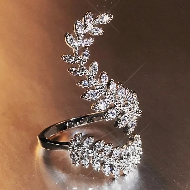 Huitan-anillo con apertura de hoja para mujer, joya con Zirconia cúbica, ajustable, para boda, fiesta, novedad