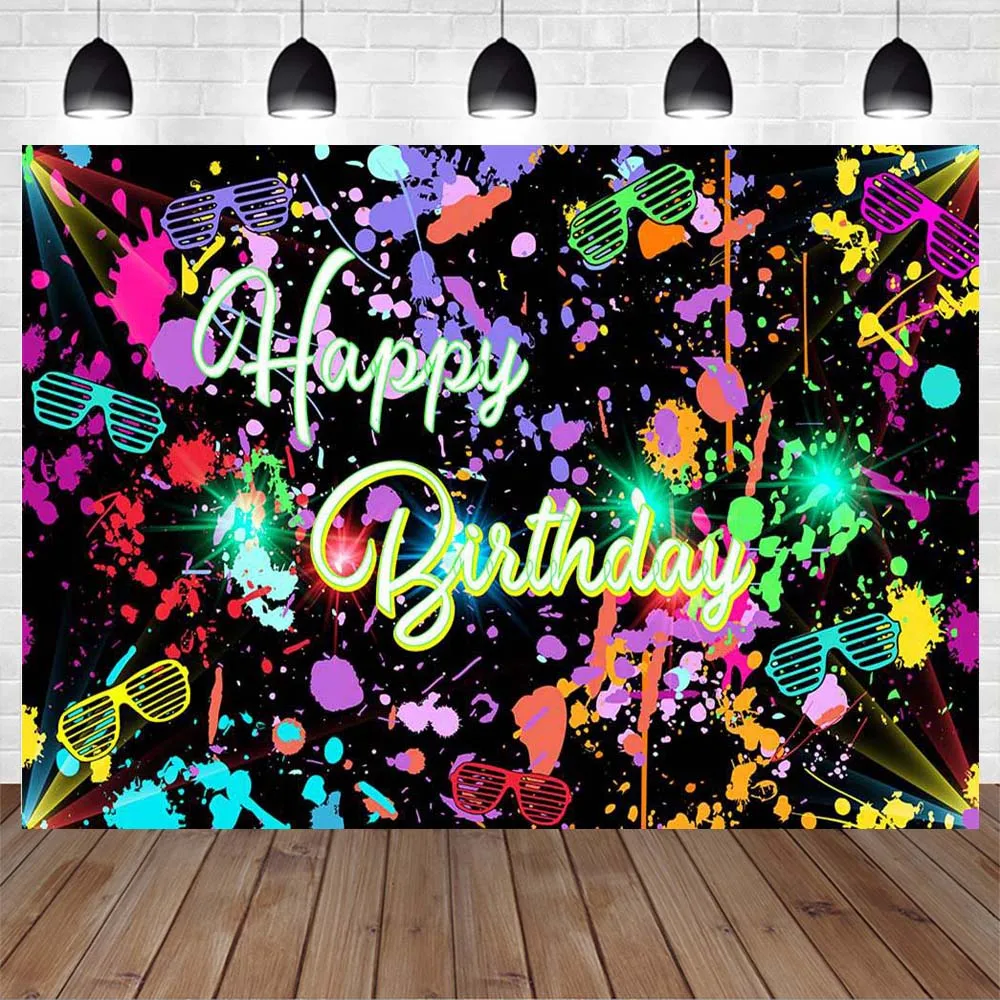 Glow in the Dark Neon Lights Birthday Party Photography Backdrops Retro Dance Party Graffiti Custom Backdrop Studio Decor Banner