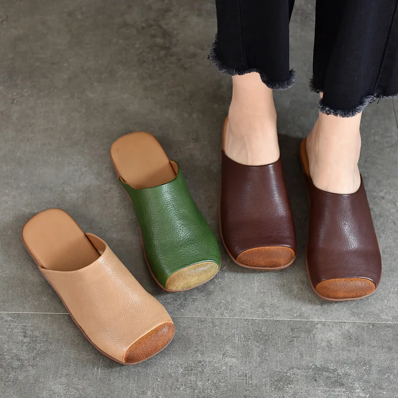 

Literary matching color slippers wear leather flat head sandals 2024 summer new first layer cowhide women's slippers