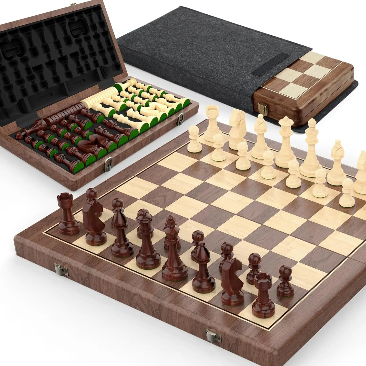 

38 cm Walnut Magnetic Chess & Checkers Set - 2-in-1 Foldable with Staunton Pieces, Extra Ladies, Tiles, Dust Bag (Black)