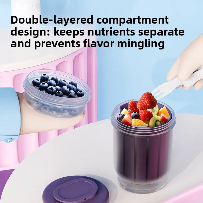 INS Round Plastic Salad Cup, Portable Double-layer with Fork, Multifunctional Breakfast Cup, Microwaveable, Takeaway Fruit Cup view 2