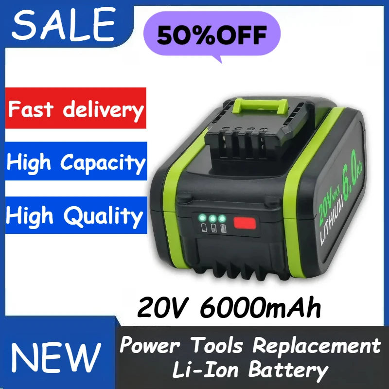 

20V 6000mAh for Worx WA3551 WA3572 WA3553 WX390 WX176 WX178 WU268 Cordless Power Tools Replacement Li-Ion Battery