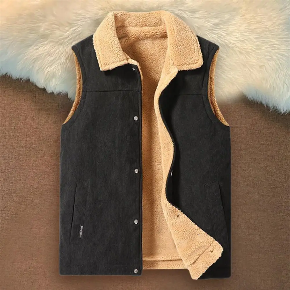 

Men Winter Waistcoat Lapel Velvet Lining Corduroy Vest Coat Sleeveless Single-Breasted Thickened Vest with Pockets for Winter