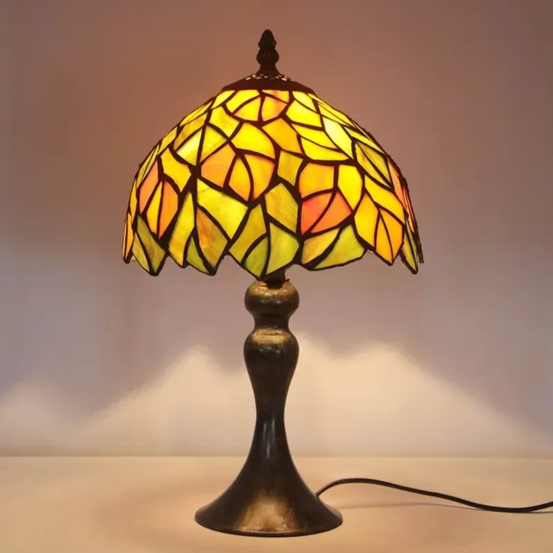 8 Inch Colored Glass Desk Lamp Antique Bronze Iron Base E26 E27 Autumn Green Leaf Butterfly Shade