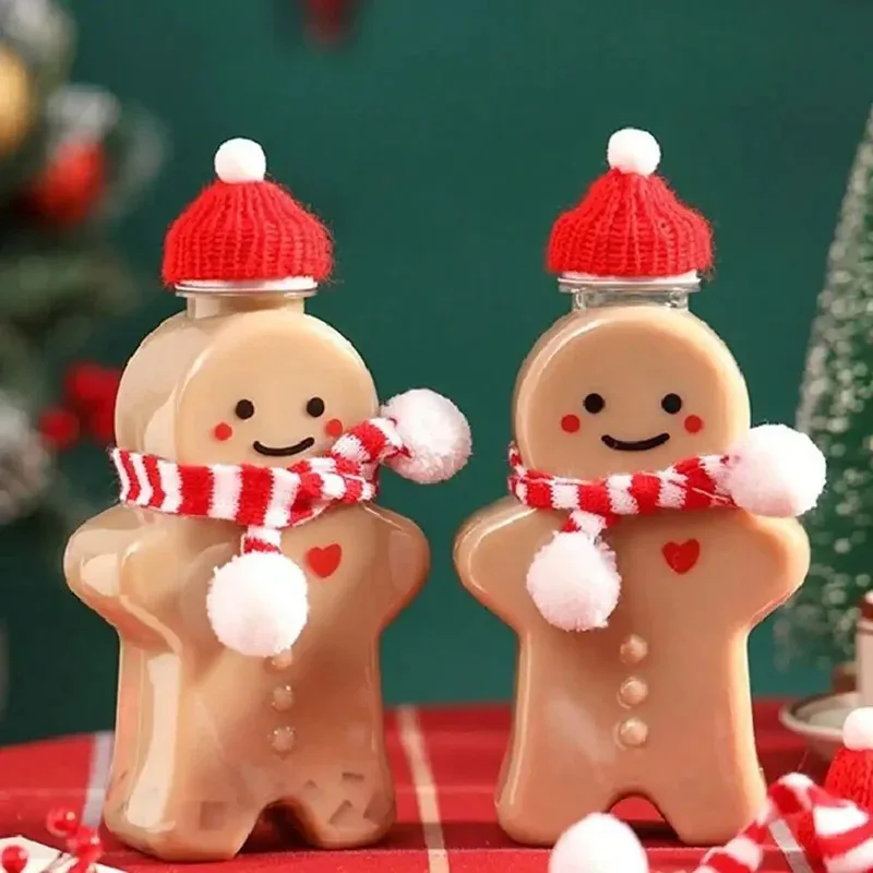 

5PCS Christmas Gingerbread Man Portable Shaker Drink Bottle Plastic Transparent Bottle Milk Tea Sealed Bottle Beverage Thickened