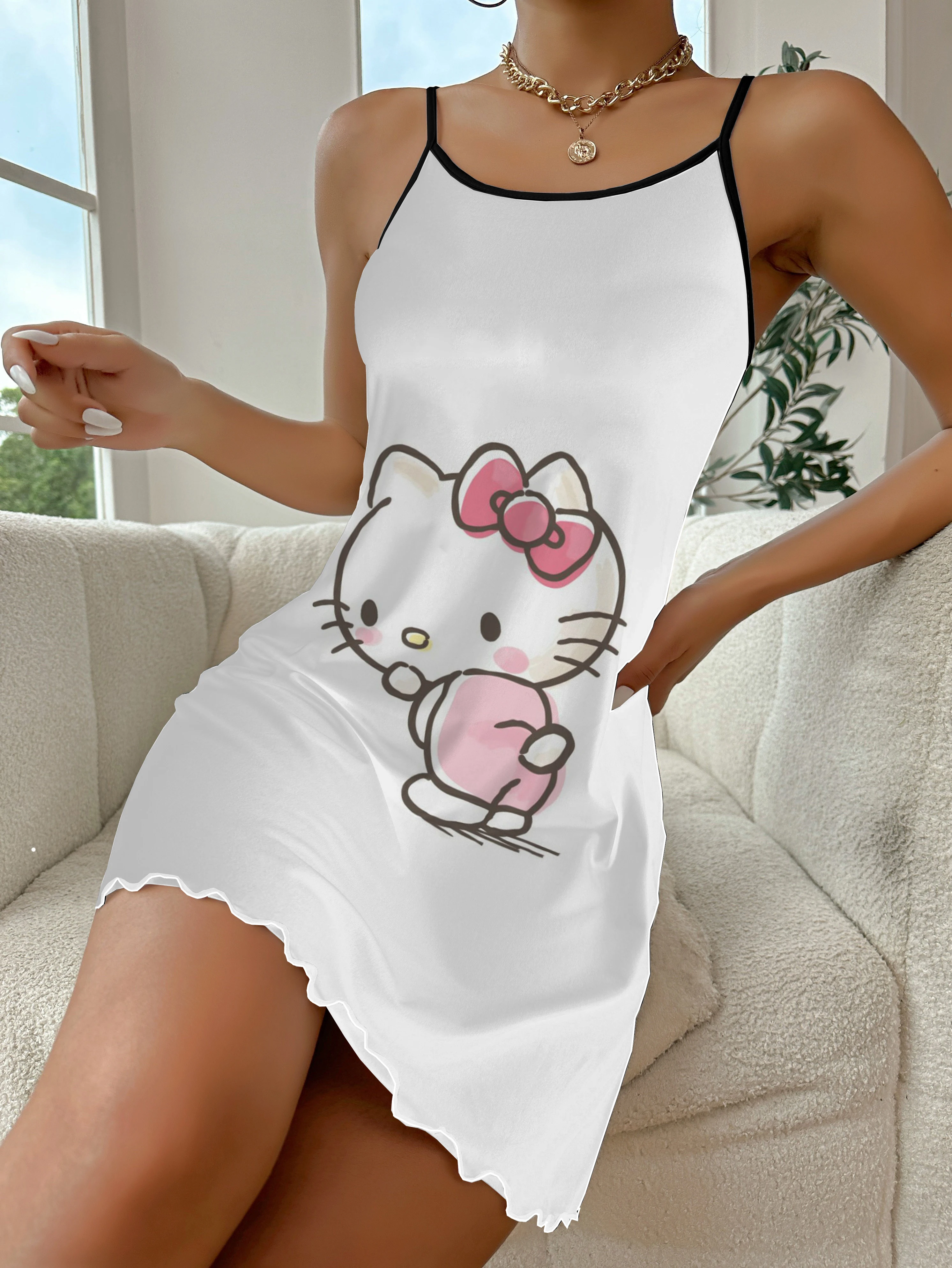 

Pajama Skirt Elegant Dresses for Women Crew Neck Satin Surface Lettuce Trim Hello Kitty Sexy Dress Fashion Summer 2024 Chic Mini