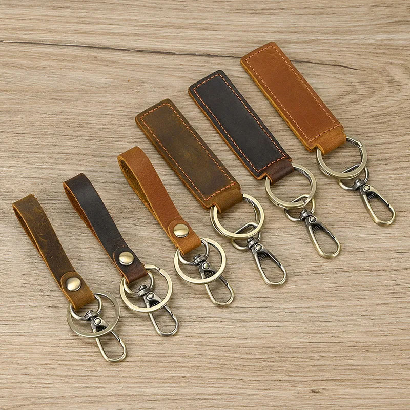 Porte-clés en cuir de cheval fou pour hommes, cuir véritable, cuir de cercle souple, chaîne continent, vente en gros personnalisée, 3 pièces par lot