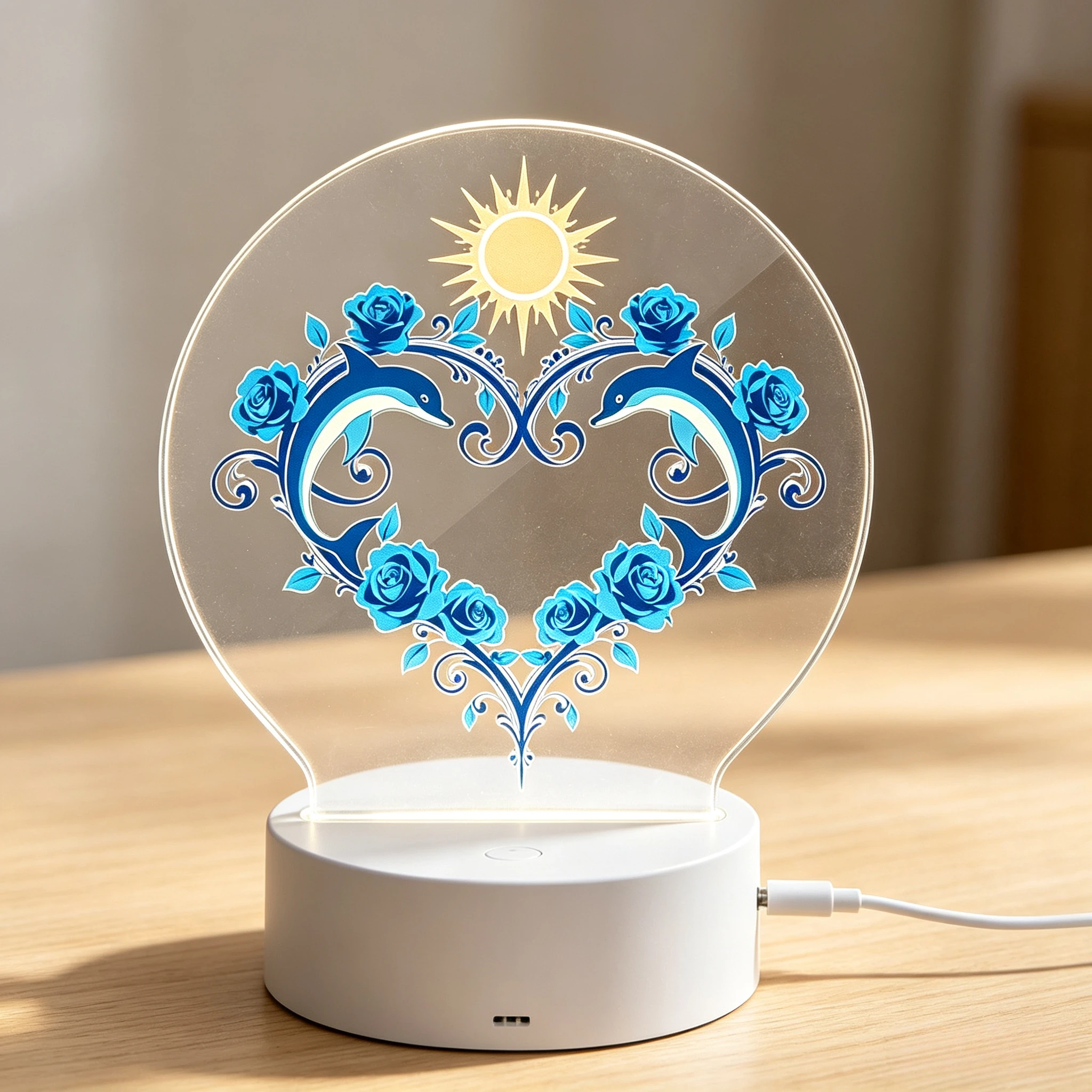 Dolphin & Blue Rose Heart‑Shape Acrylic Night Light, LED Bedside Lamp Ocean Love Home Decor Gift