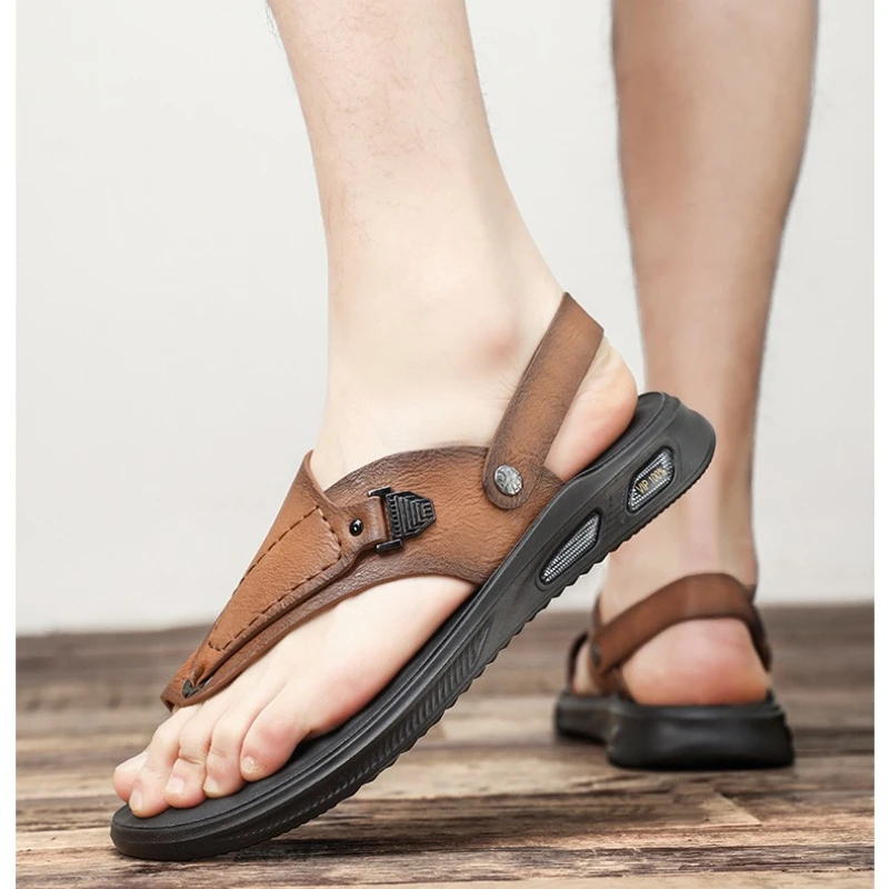 

Мужские кожаные сандалии в стиле ретро, однотонные, на плоской подошве, для любого сезона, повседневная обувь для удобной носки.
