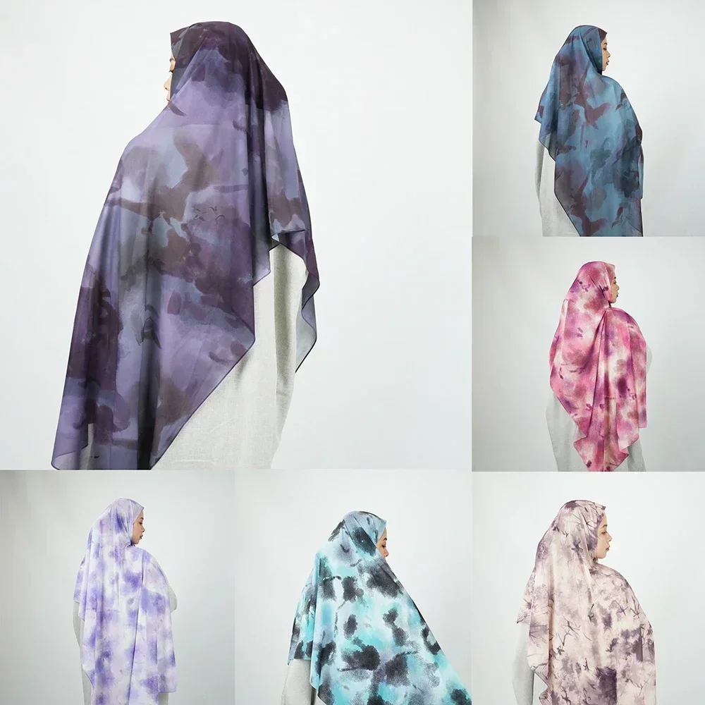 New Ink Tie Dye Chiffon Hijab Fog Surface Sandblasting Islamic Clothing Tree Shadow Impression Muslim Fashion Turbans for Women