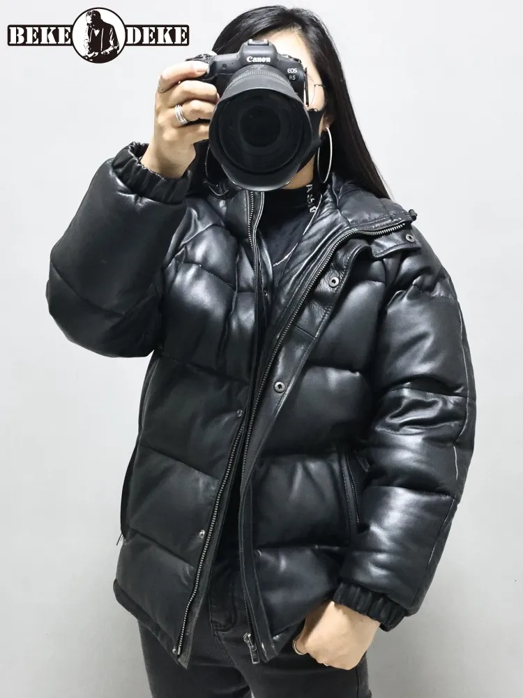 Women Winter Thick Warm Natural Sheepskin Down Jacket Casual Hooded Windproof Overcoat Loose Fit Genuine Leather Jacket Coats