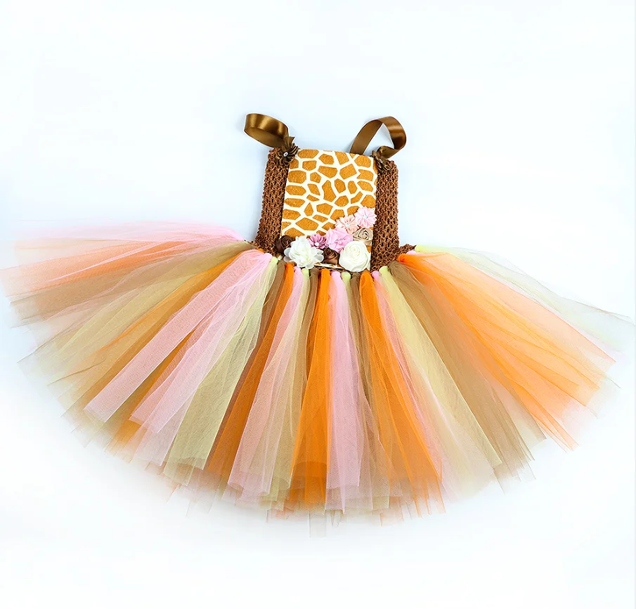 Cartoon Cute Giraffe Sleeveless Animal Jungle Themed Dress With Headband Tail Set Halloween Holiday Party Stage Performance Wear