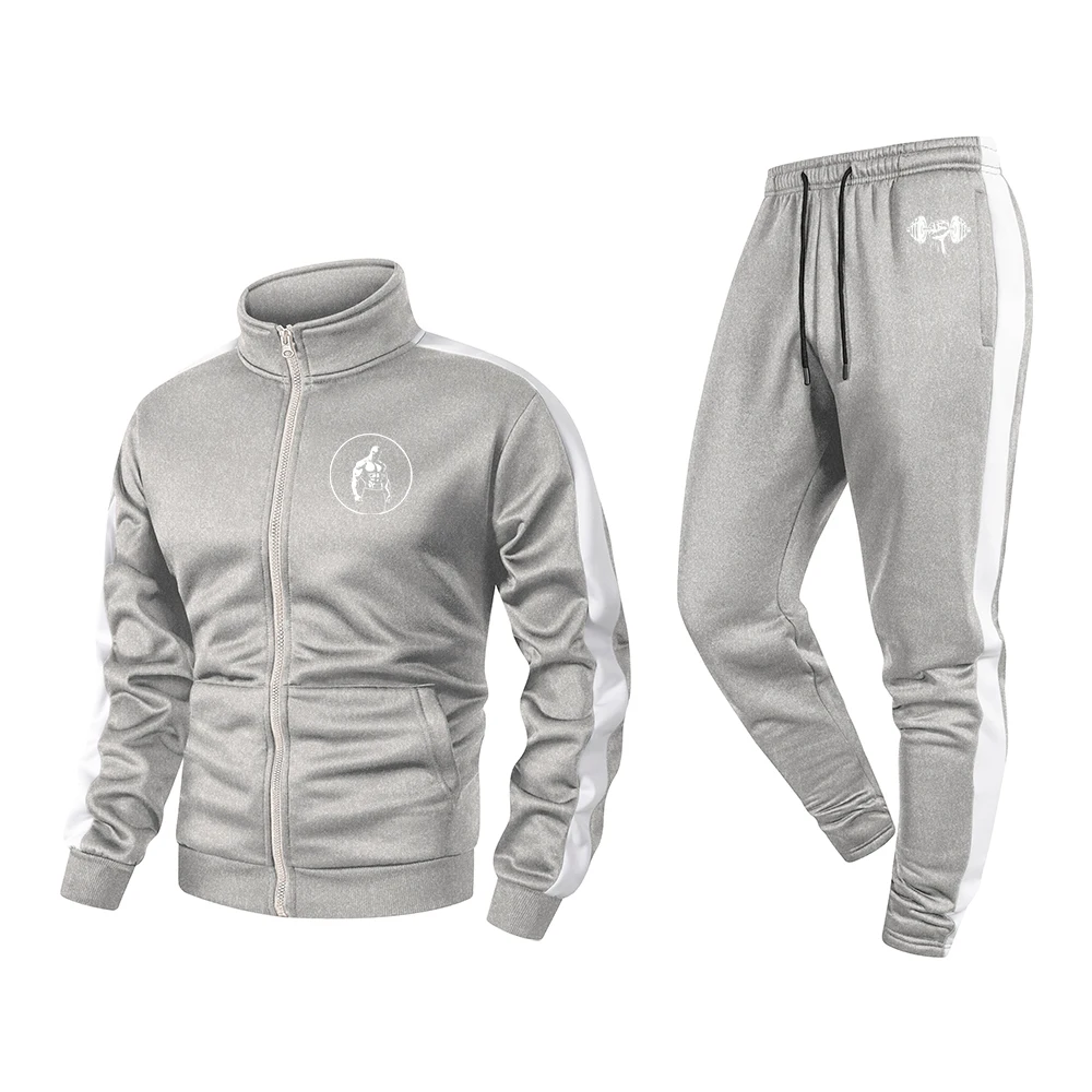 Men's Printed Tracksuit Full Zipper Color-Blocked Gym Running Pants Autumn/Winter Outdoor Running and Exercise Wear with Pockets