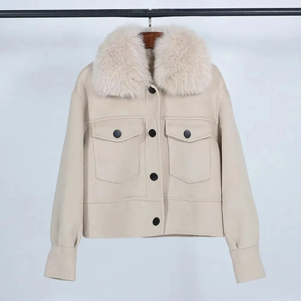 Wool Women Fur Coat New Autumn Winter Real Fox Fur Collar 10% Cashmere 90% Wool Fur Jacket Short Casual Loose Wool Coat