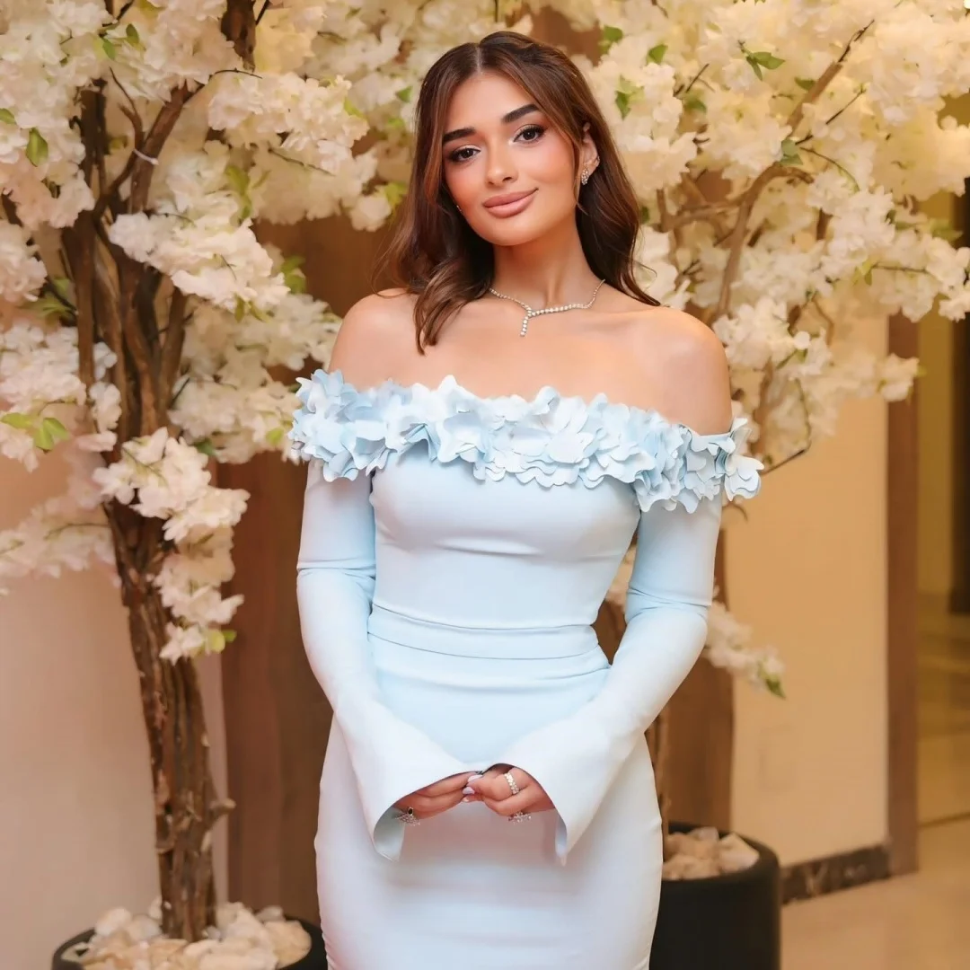 Sukienki wieczorowe Bella, niebieskie kwiaty, odkryte ramiona, krój syreny, długie rękawy, sukienki na imprezę, długość do podłogi, sukienki na studniówkę 2025