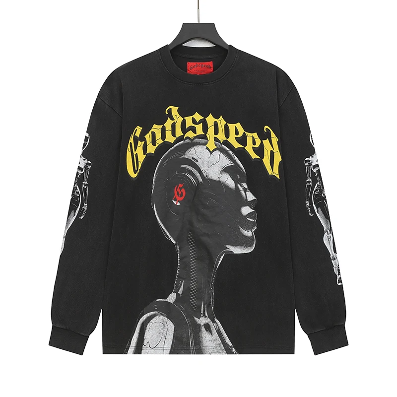 

Футболки Godspeed, топы, футболка с принтом граффити и робота, винтажные стираные хлопковые футболки с длинными рукавами, американский трендовый бренд, мужские и женские топы