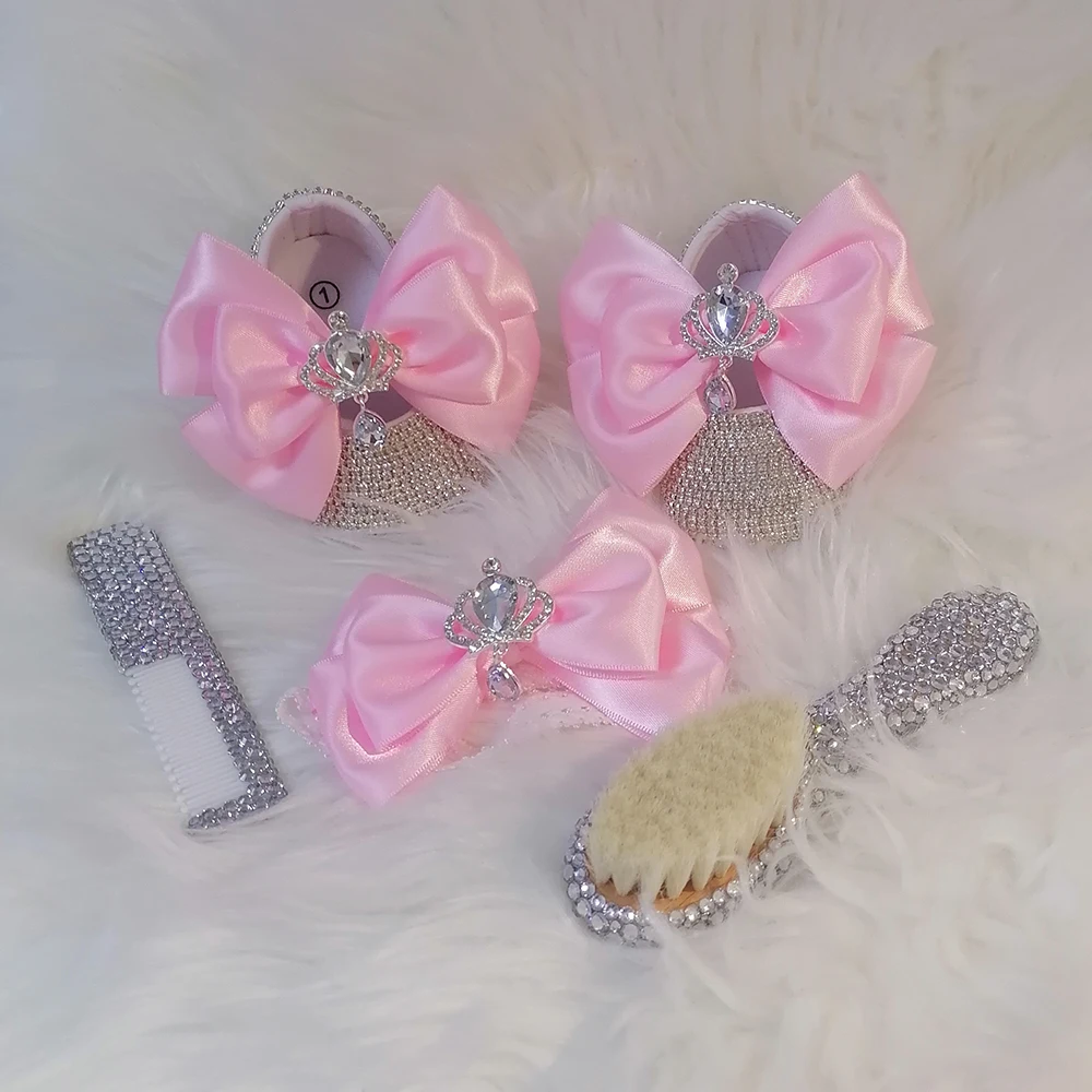 Handmade Bow Rhinestones Baby Girl Kids Shoes Hairband Pacifier Clip Comb First Walker Sparkle Bling Crystals Shower Gift