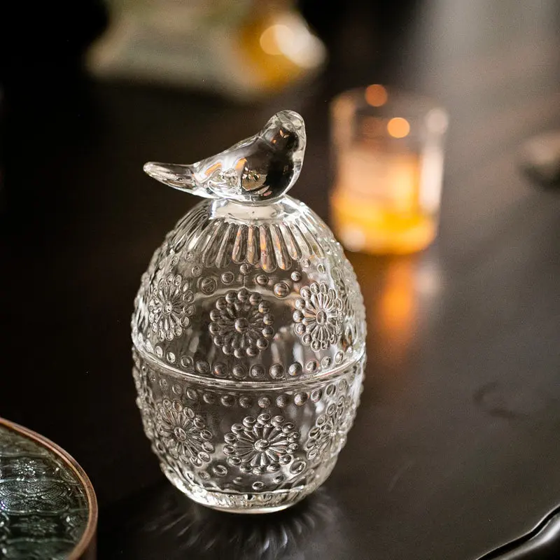 Exquisite Glass Embossed Storage Jar with Bird Design Cotton Swab Holder Jewelry Organizer Necklace Earring Sundries Ins Decor