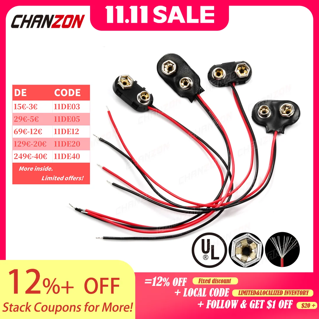 

9V Battery Connector Snap Clip Power Adapter T-type I-type Dual Wire Holder Cable 9Volt 15cm Lead Socket Plug Buckle Connection