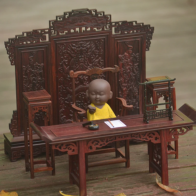 Chinese Ancient Style Miniature Dollhouse Furniture Set - Exquisite Carved Wardrobe, Bookcase, Dresser, Study Desk Home Decor