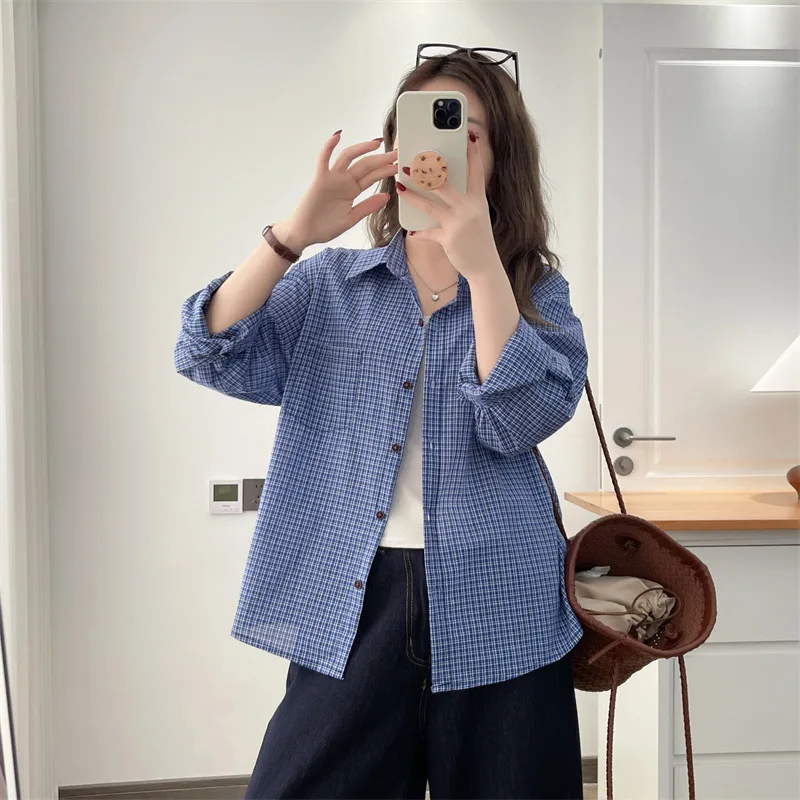Women's Plaid Print Long Sleeve Casual Blouse - close-up view