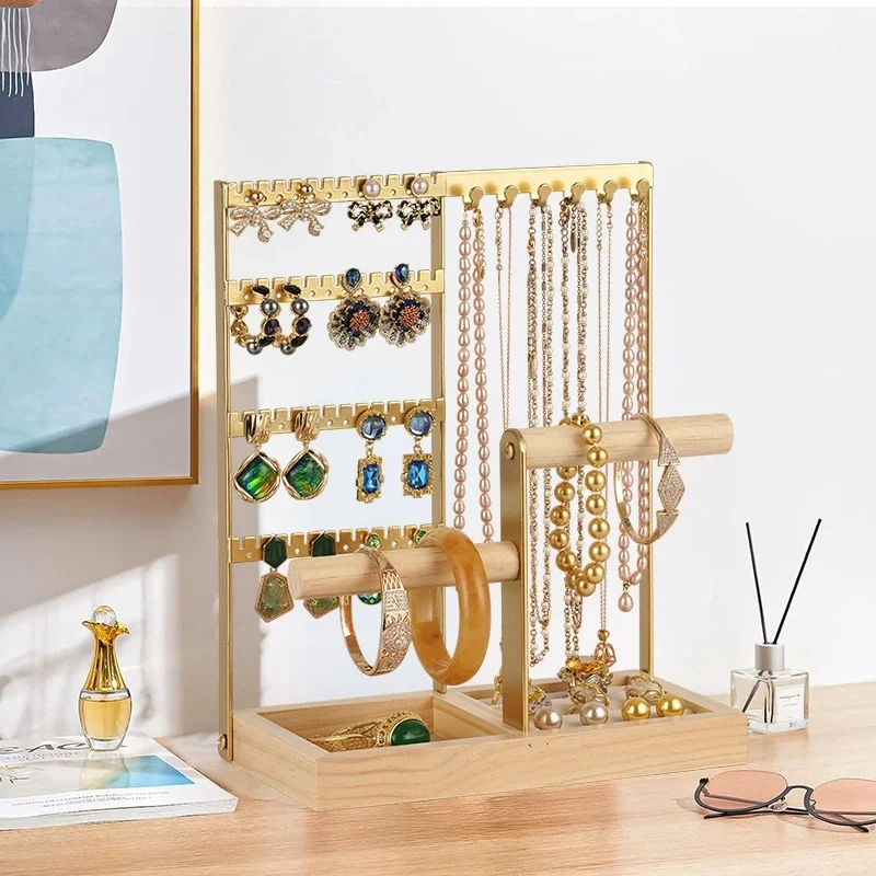 Jewelry Organizer Stand, Jewelry Holder, 4 Tier Earring Holder with 48 Holes and 6 Hooks Necklace Organizer Wood Box