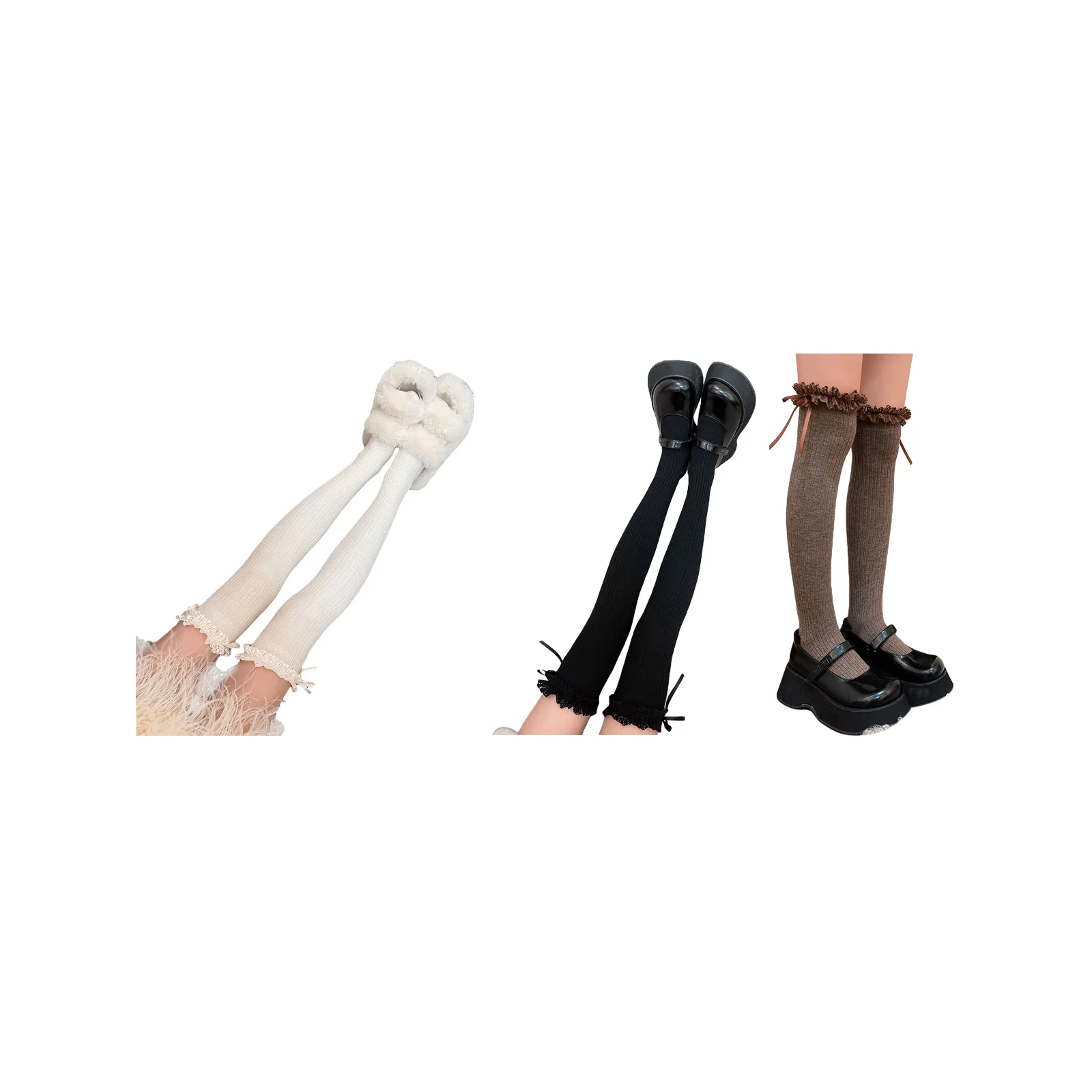 

Комплект чулок с кружевными бантиками: белые до колена + черные до колена + коричневые до колена, три цвета в наличии.