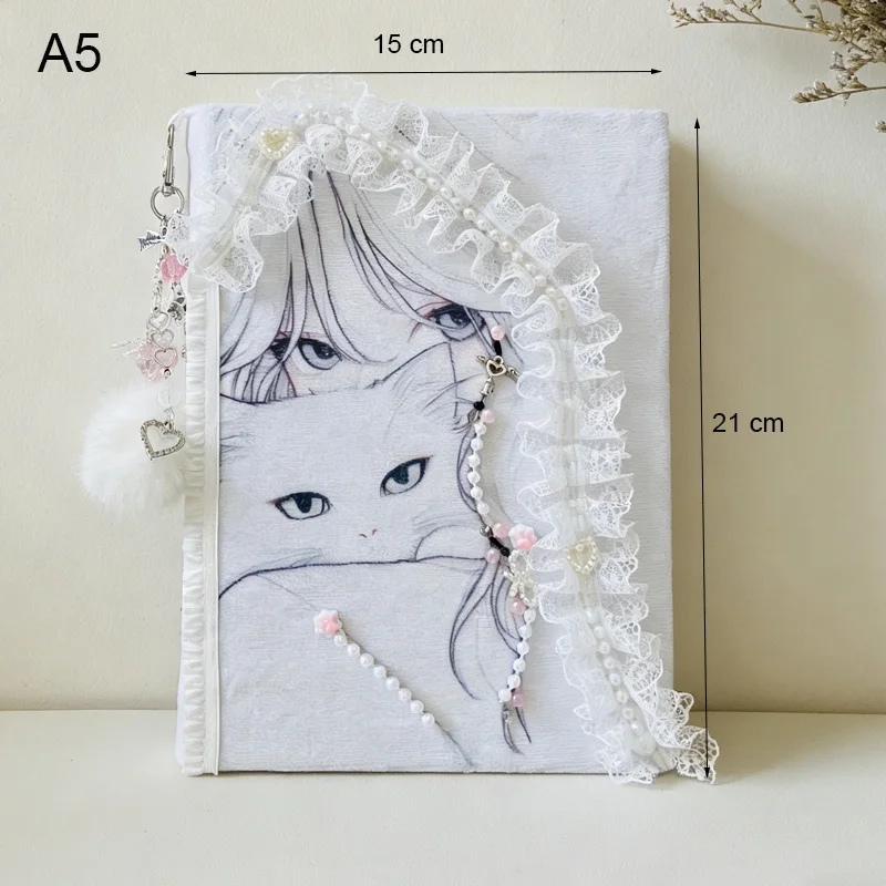 Cute Kawaii Lace Beads Decor Journal A5 Aesthetic Notebook Girl & Cat Design Plush Fabric Diary with Charm 96 Pages