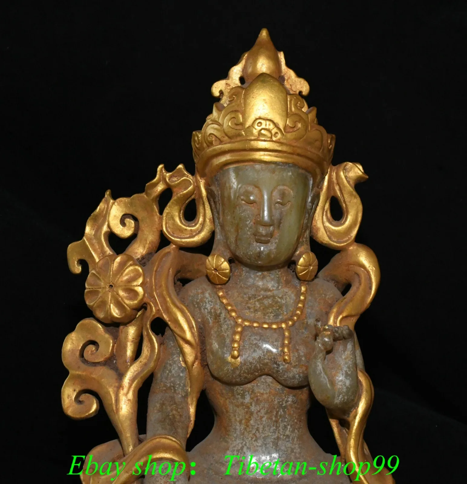 11''Old Dynasty Hetian jade Gold Carved Kwan-yin GuanYin Quanyin Buddha Statue