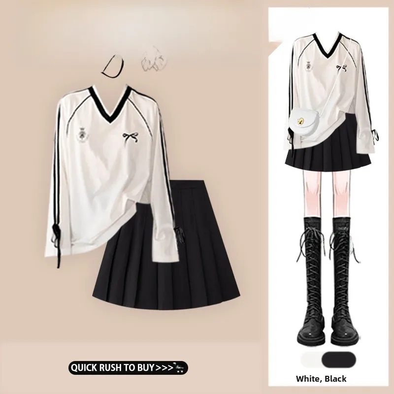 

American Sports Sle Long Sve T-irt V-Ne White Top School Sle A-Line Skirt Two-Piece Set Knot Conceal Mea...