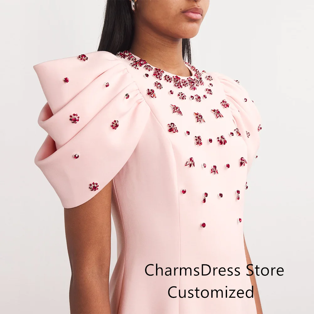 Elegant Crystal Prom Dress Cocktail Party Gown Customized Round Neck Short Sleeves Straight Saudi Arabian Prom Dresses