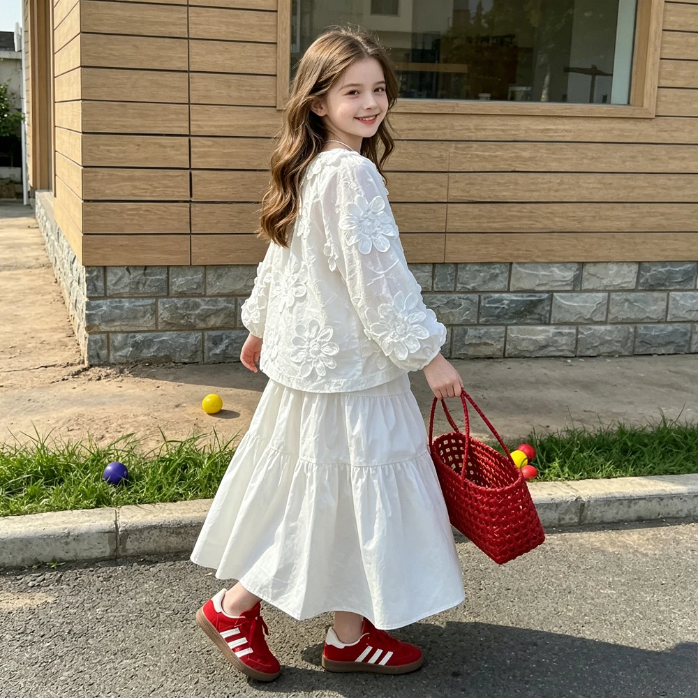 Kids White Floral Embroidery 2pcs Outfits Girls Loose Blouse Skirt Set Casual Long Sleeve Nature Walks Picnics Vacation Photos